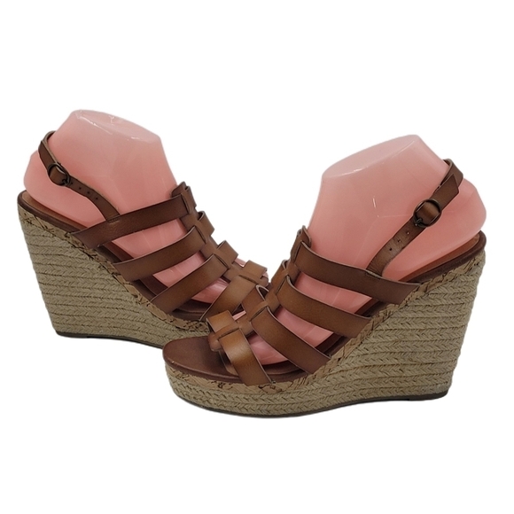 Espadrille Sandal Wedges size 9 strappy Brown - Picture 1 of 11